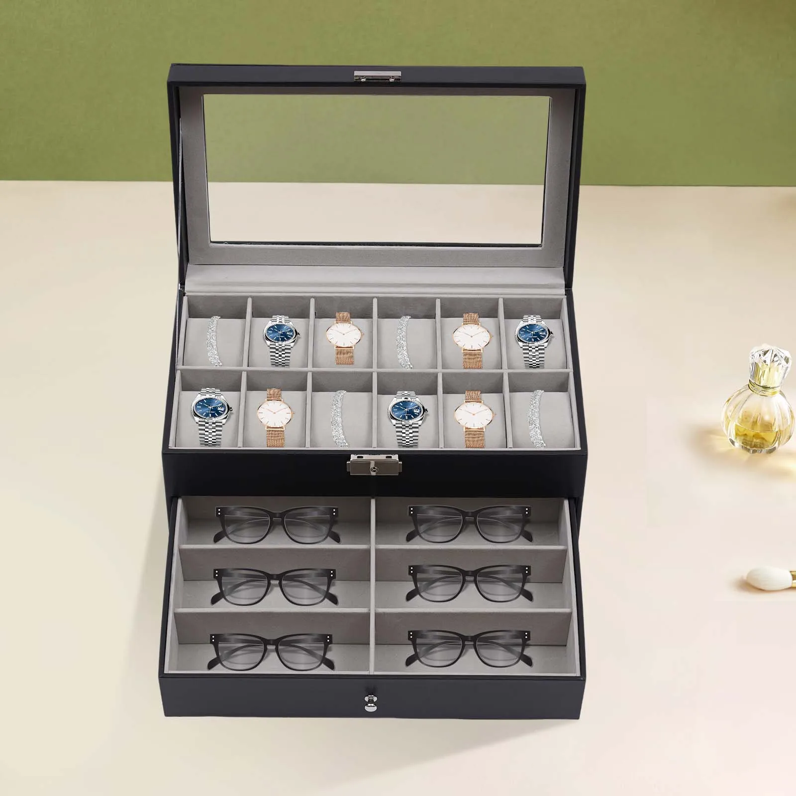 3-Tier Black Tabletop Storage Box 12 Watch Slots 6 Sunglasses Compartments 7 Jewelry Compartments Velvet Lined Glass Top Organizer With Metal Lock For Watches Eyeglasses Rings Bracelets Gift