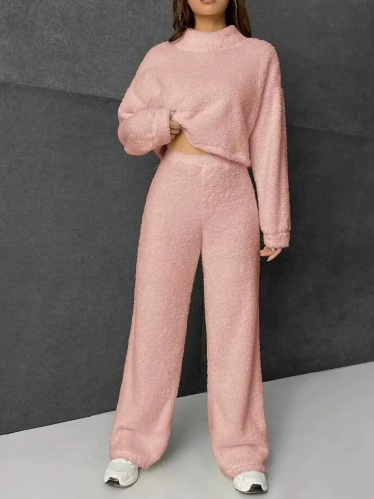 Casual Plush Suit Women Long Sleeve Short Pullovers + High Wiast Wide Leg Pant Two Piece Set Pink Homewear Sets Fashion Outfits