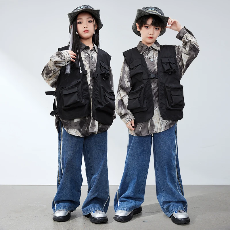 Kids Kpop Outfits Hip Hop Clothing Black Cargo Vest Top Denim Casual Pants Streetwear for Girl Boy Jazz Dance Costumes Clothes