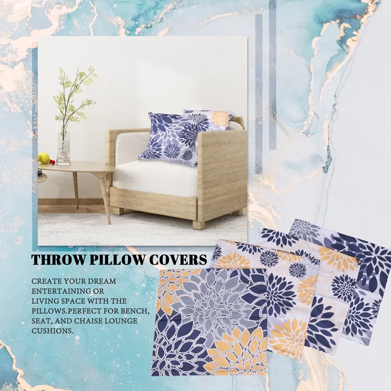 Throw Pillow Covers 18X18 Inch Set Of 4,Navy Blue Gold Oversized Flower Geometry Square Pillow Cushion Cases