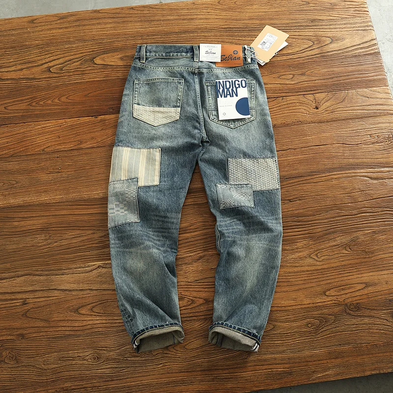 

American retro patchwork trendy brand jeans for men, high-end distressed design, street slim fit small leg pants