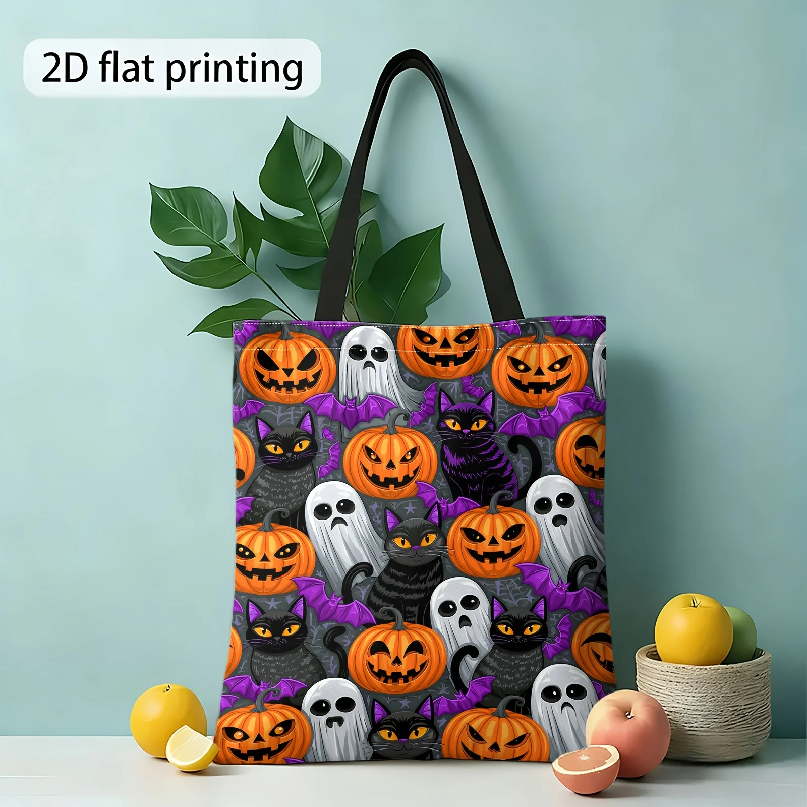 Halloween Double-Sided Printed Women'S Shoulder Bag, Featuring Pumpkin, Ghost, And Black Cat Patterns,Reusable Shopping Bag
