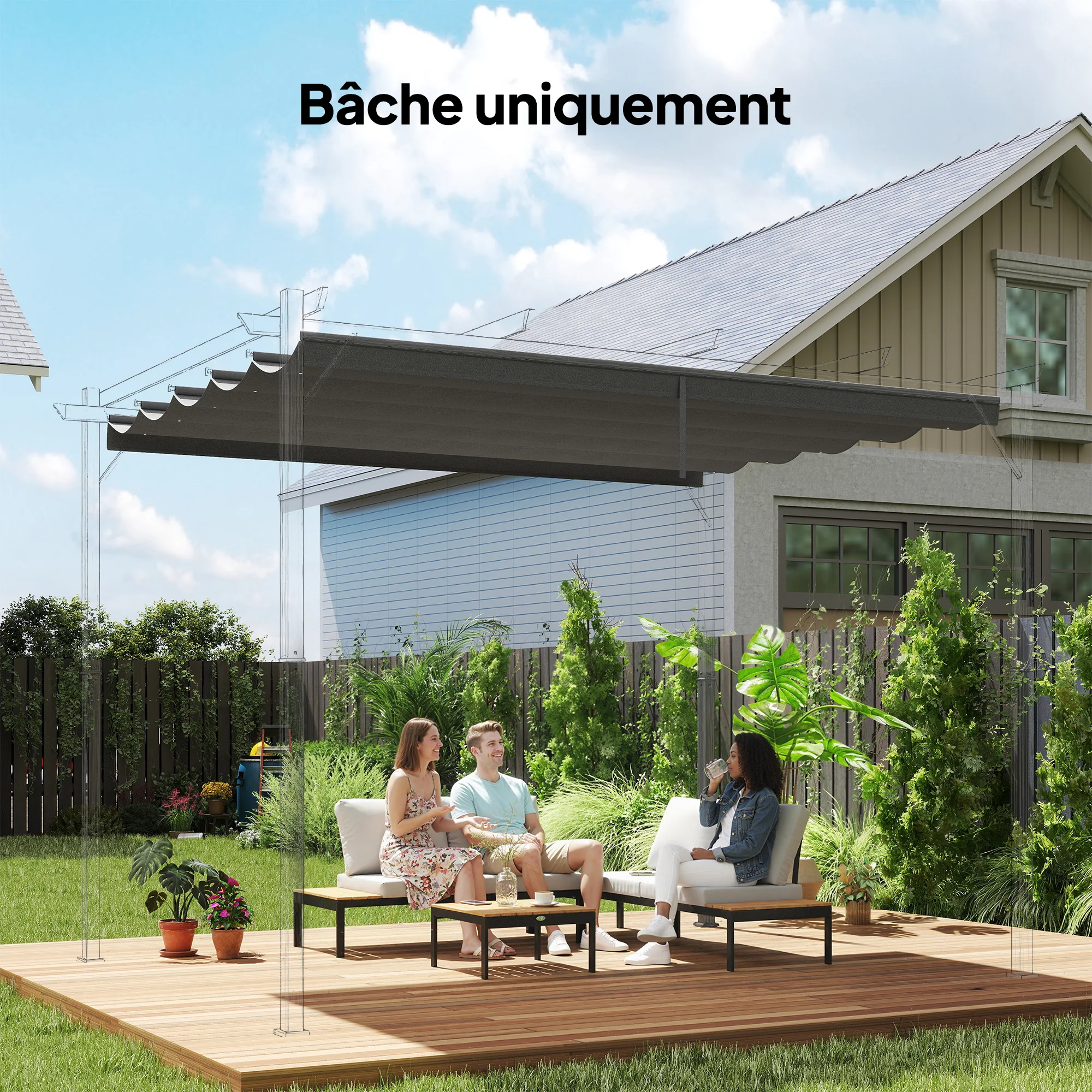 Outsunny intrekbaar dak voor luifel, afmetingen 4 x 3 m - alleen canvas 350 x 260 cm, lichtgrijs