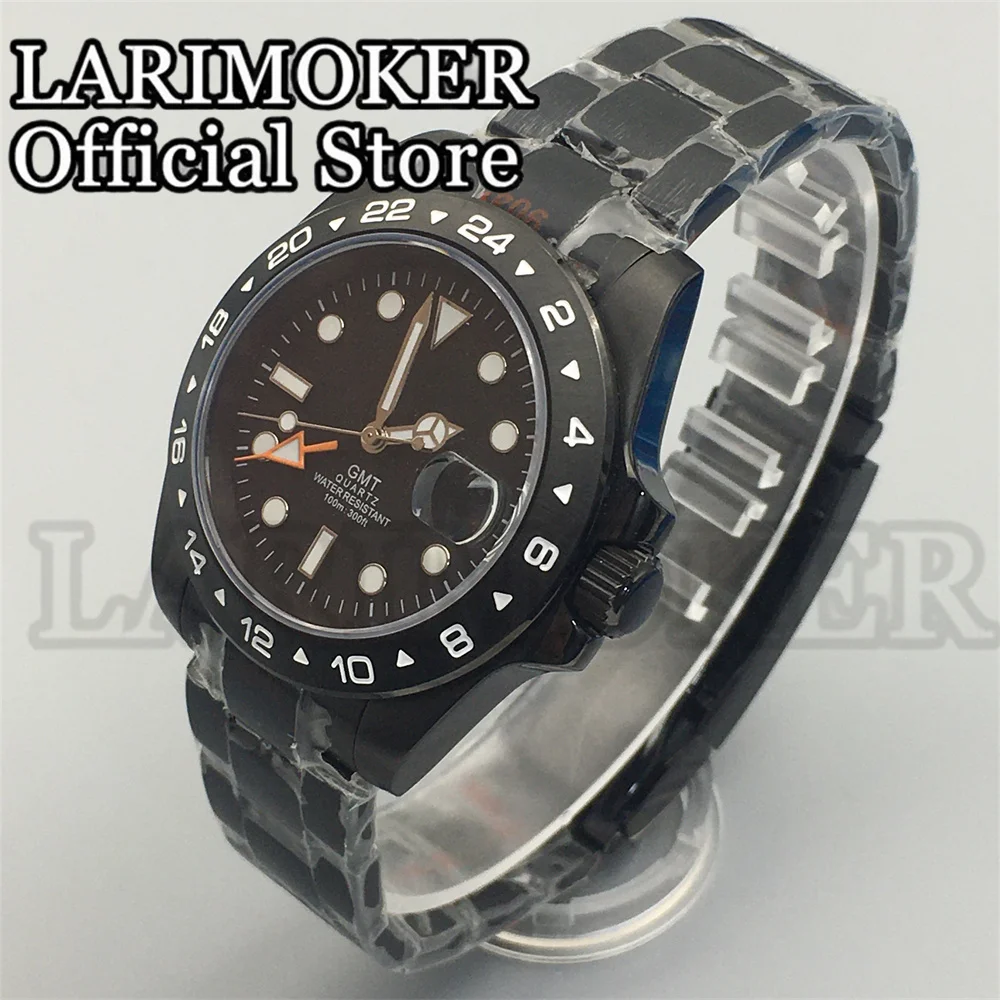 LARIMOKER 39MM All Black Men Quartz Watch Stainless Steel Case Sapphire Glass Black Dial Orange GMT Rhonda515 24h Movement Watch