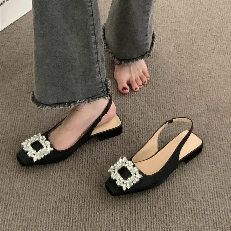 Luxury Crystal Mid Heels Women Sandals Party Shoes 2024 Summer New Chunky Slingback Slippers Designer Sexy Pumps Fad Flip Flops