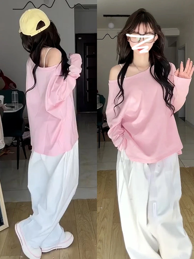 

Розовый топ с открытыми плечами, женская модная осенне-зимняя корейская одежда, маленький размер, нижняя одежда, топ с диагональными плечами, комплект
