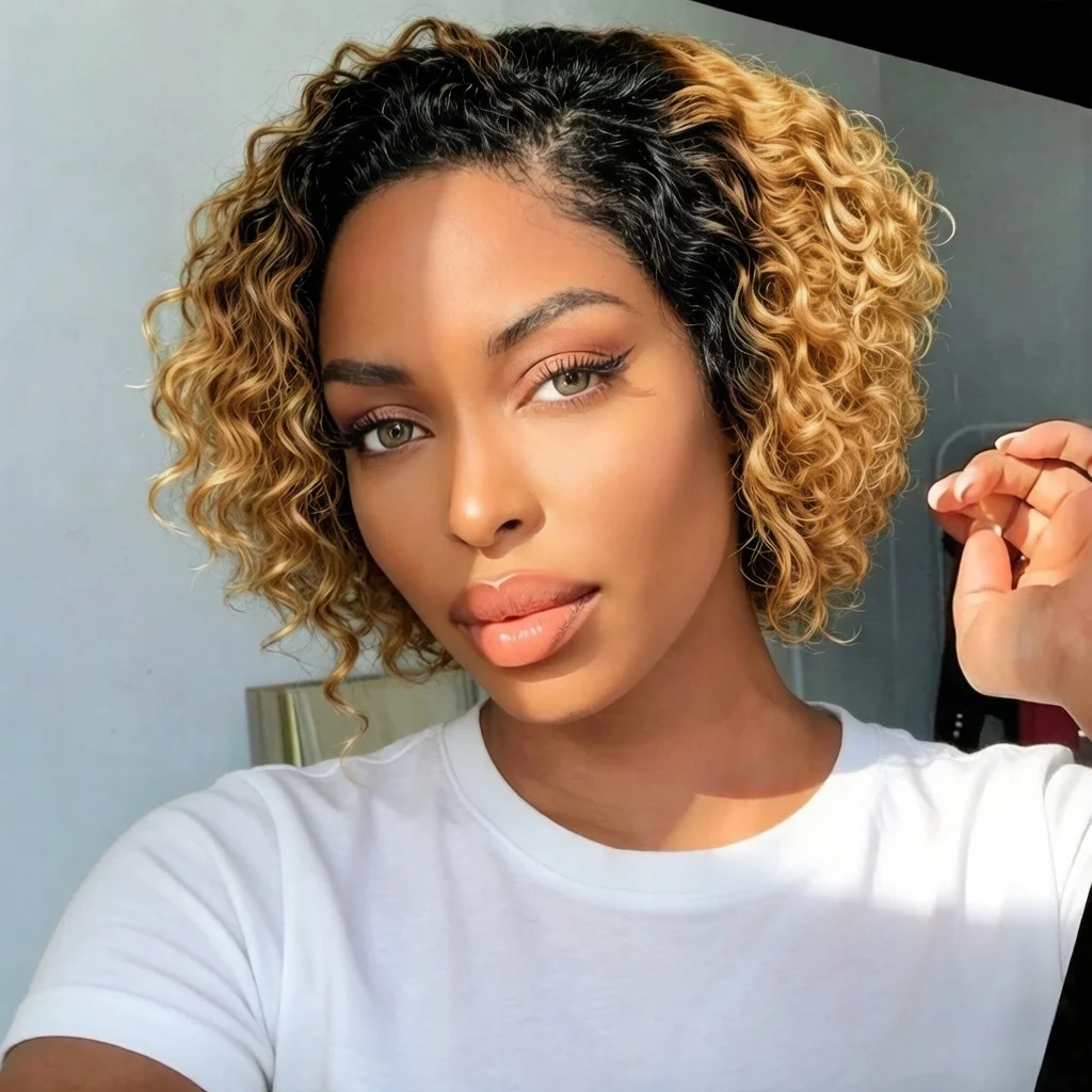 

13x4 Lace Front Wig Pixie Cut Curly Brazilian Human Hair Wig 8 Inches Short Bob Wig For Women 180% Density