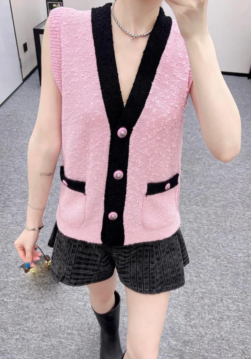 2024 New Fashion Color Blocking V-neck Patchwork Knitted Vest Women's Sweater Single Breasted Sleeveless Pockets Tank Cardigans