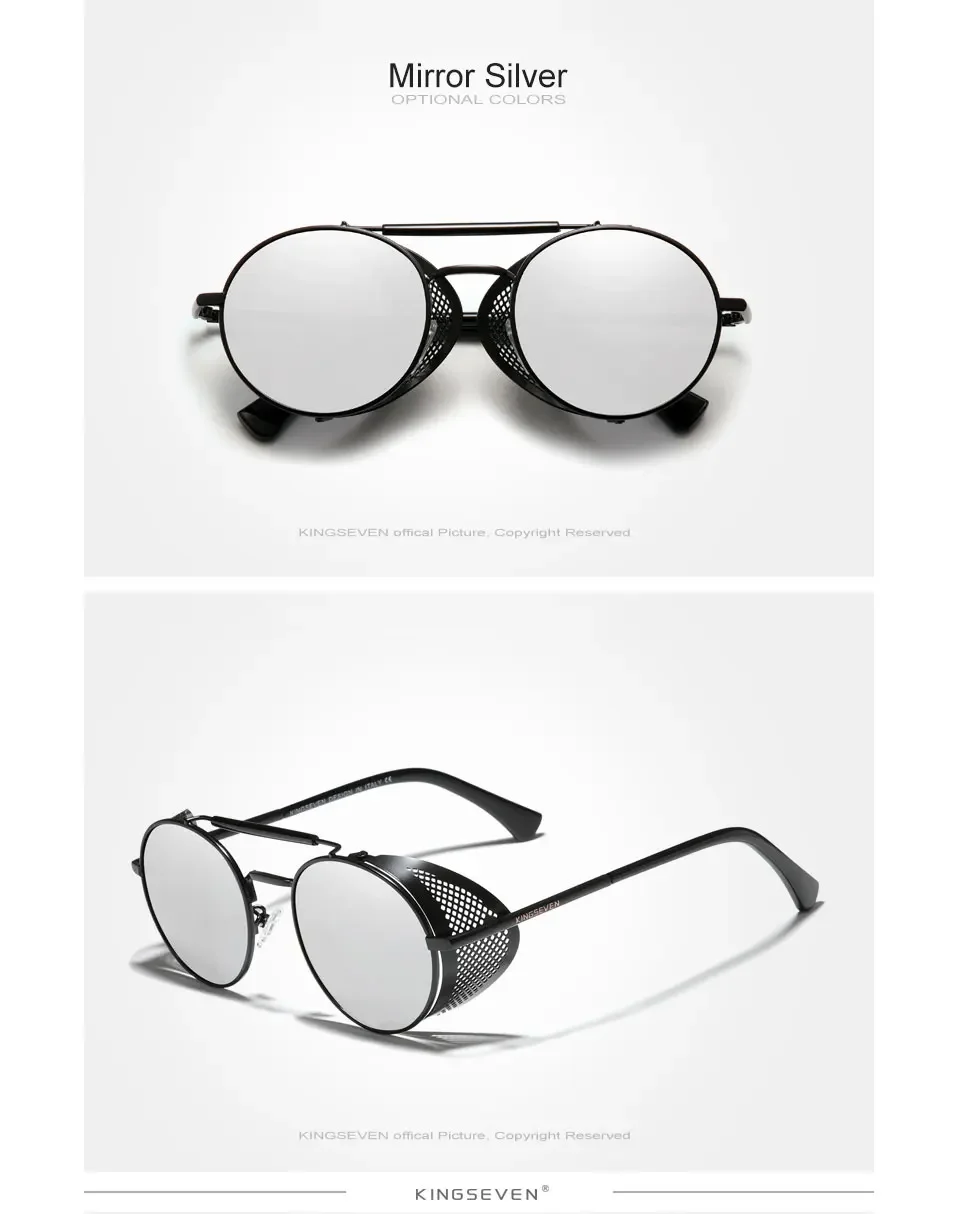 KINGSEVEN Mode Gothic Steampunk Sonnenbrille Polarisierte UV400 Männer Frauen Neue Designer Vintage Brillen Runde Pilot Rahmen Gläser – Detail 11