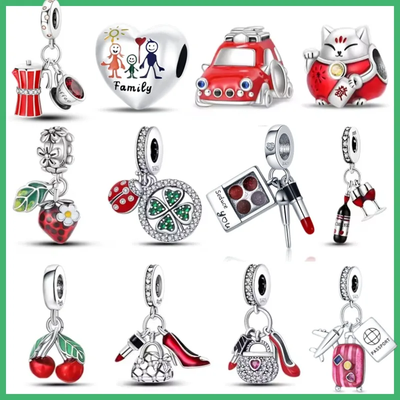 فنجان قهوة أصلي من الفضة الإسترليني عيار 925 على شكل قلب، أحمر شفاه على شكل قطة محظوظة، خرز ساحر على الموضة للسيدات مناسب للأساور اليدوية