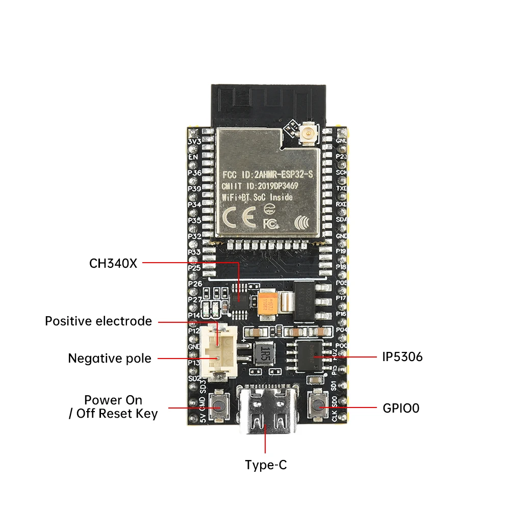 ESP32 WIFI Entwicklungsboard 2.4G mit Batterieschnittstelle, integriertem ESP32-S Modul, externer IPEX-Antenne und Typ-C-Schnittstelle – Detail 7