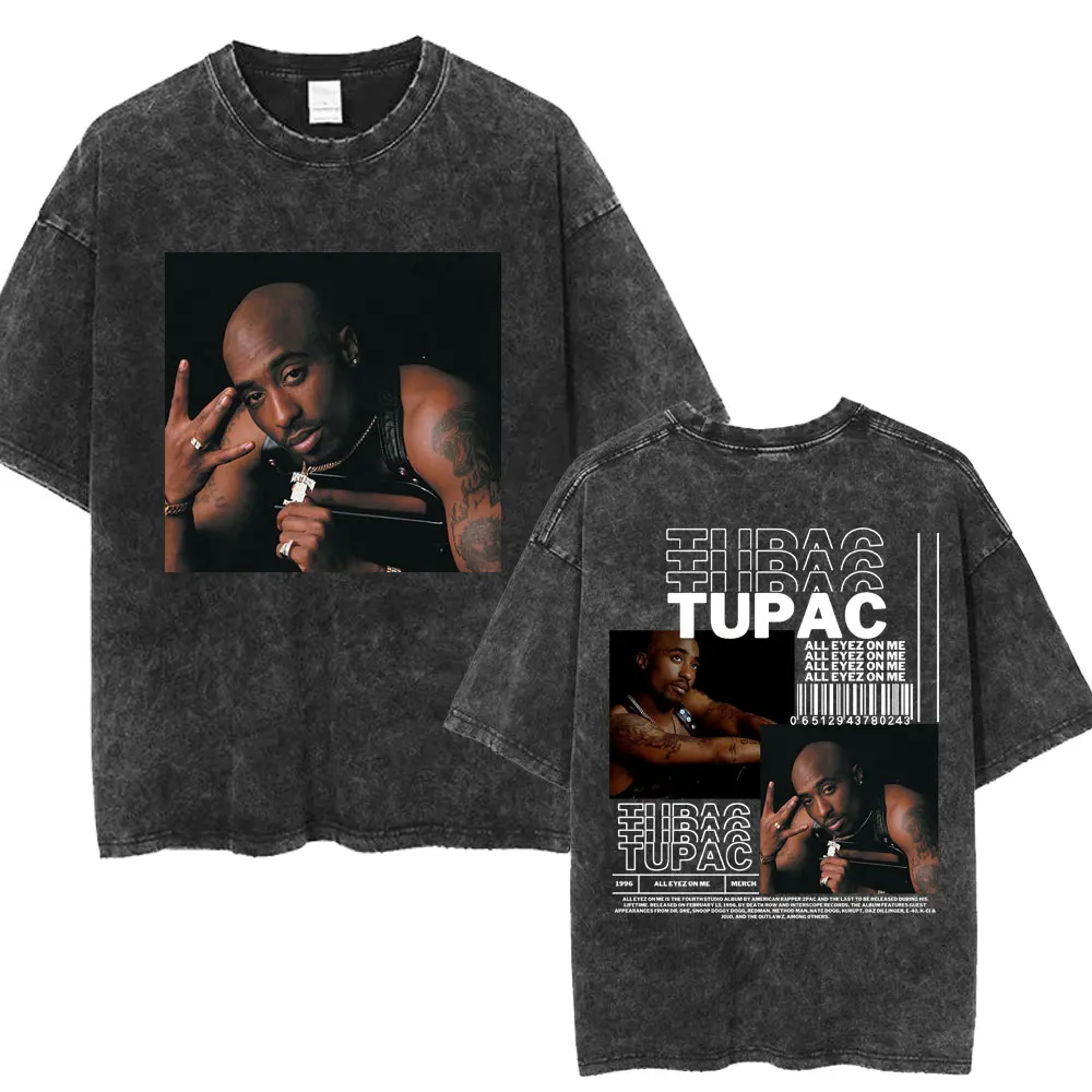 Rapper Tupac 2pac All Eyez on Me Washed T Shirts Hip Hop Vintage Fashion T-shirt Men's Oversized Cotton T Shirt Streetwear Gifts