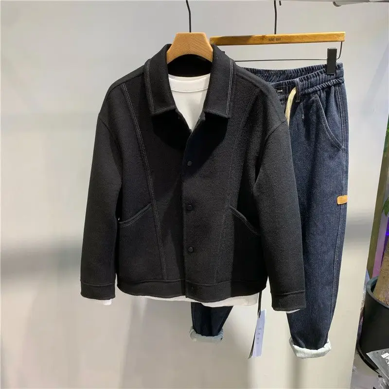 Short woolen coat men's autumn and winter new trendy brand simple casual big pocket fashion versatile lapel jacket trendy