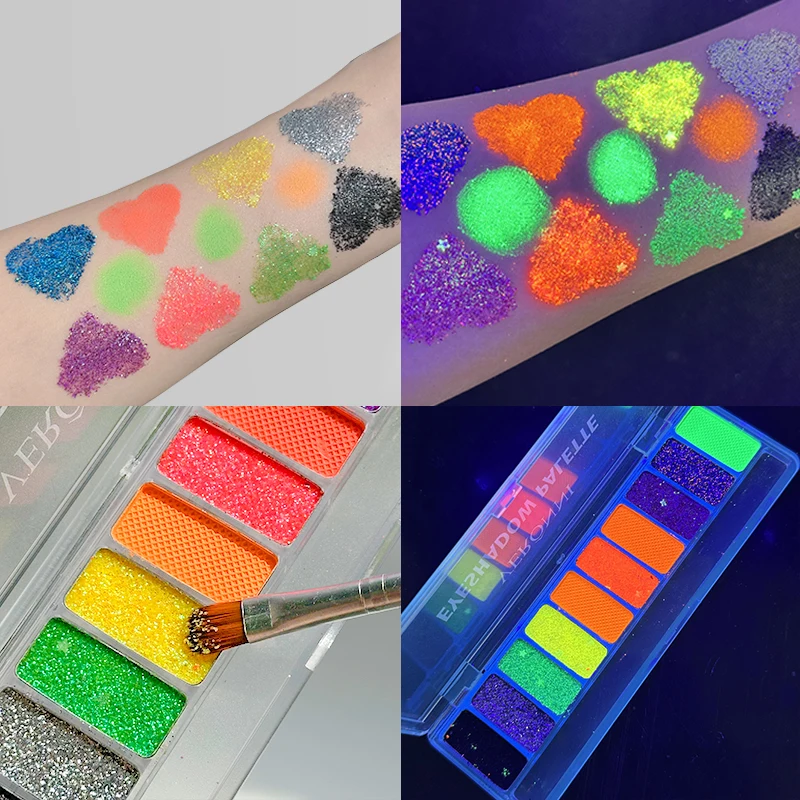 10 Colors Neon Glow in Bright Eyeshadow Palette Colorful Eye Makeup Pigmented Eye Shadow Pallet Matte Shimmer Glitter Cosmetic