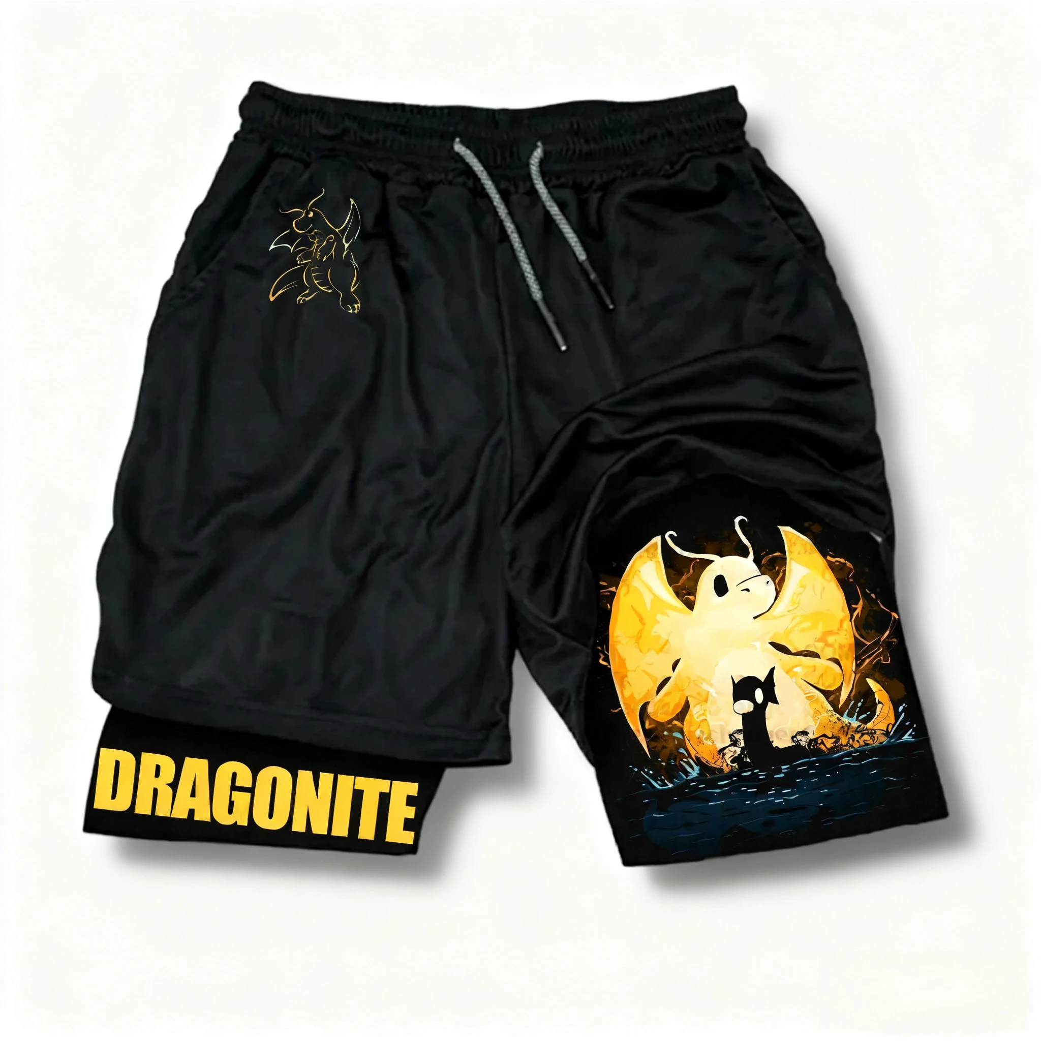 Pok É Mon أنيمي الرياضة امتصاص العرق طبقة مزدوجة السراويل 2025 الرجال الصيف شارع جديد التجفيف السريع موضة السراويل القطن الخالص