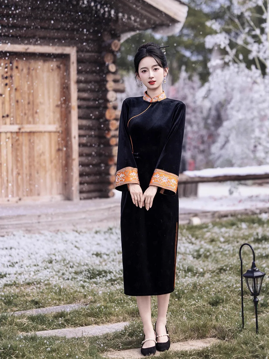 

Новое Qipao 2023, осенне-зимнее элегантное темпераментное длинное бархатное утягивающее повседневное облегающее платье Qipao в китайском стиле