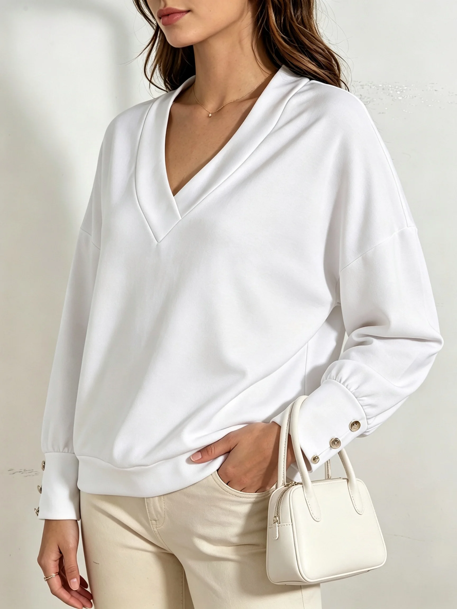 Women`s V‑Neck Knit Long Sleeve Top T-shirt Daily Wear S‑XXL Size Autumn Button Cuff Drop Shoulder Casual Pullover Sweatshirt