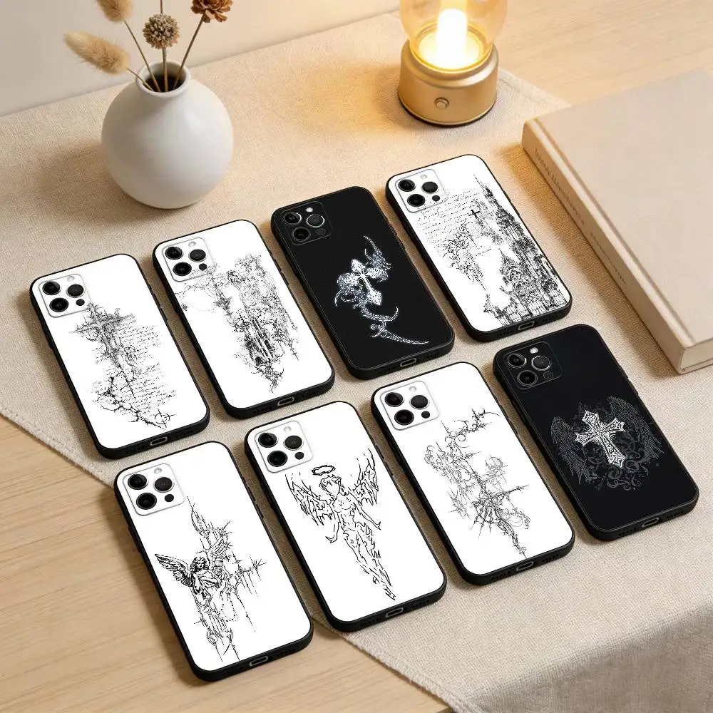 حافظة هاتف على الطراز القوطي C-Cyber S-Sigil-Cross لهاتف iPhone 17,16,15,14,13,12,11 Plus، Pro Max، XS، غطاء أسود من السيليكون الناعم