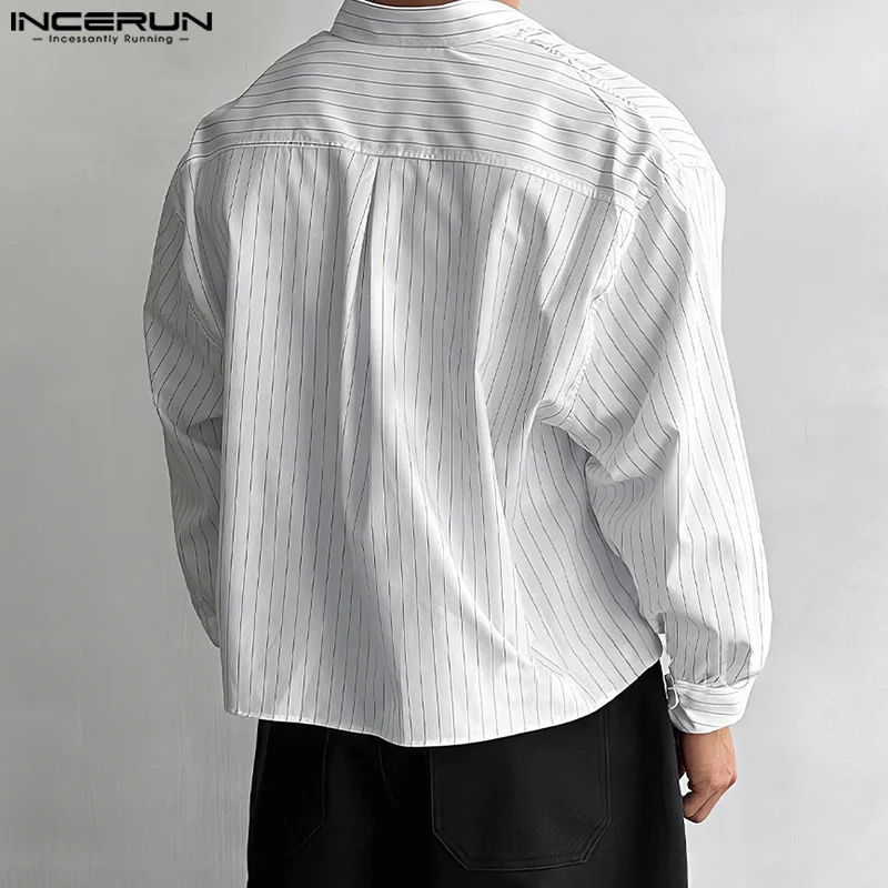 Casual Simple Style Tops INCERUN New Men's Striped Crop Shirt Fashion Male Hot Selling Long Sleeved Men Cothing Loose S-5XL