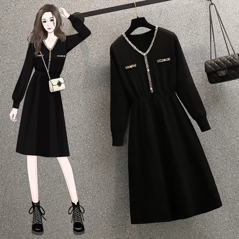

2025 Black Fat Girl Brim Sweet Style Of New Fund of 2023 Spring Autumn Winters Collect Waist Sweater Knitting Big Yards Dress