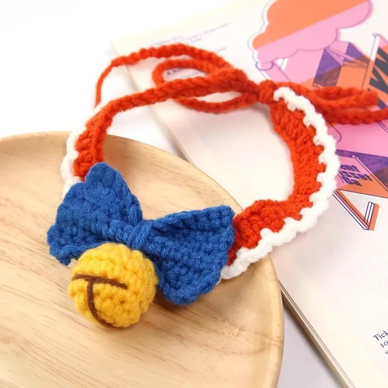 Cat Dog Knitted Collar Cute Bow Bell Pet Drool Scarf Crochet Tie Adjustable Necklace Cute Photo Jewelry Props Pet Accessories