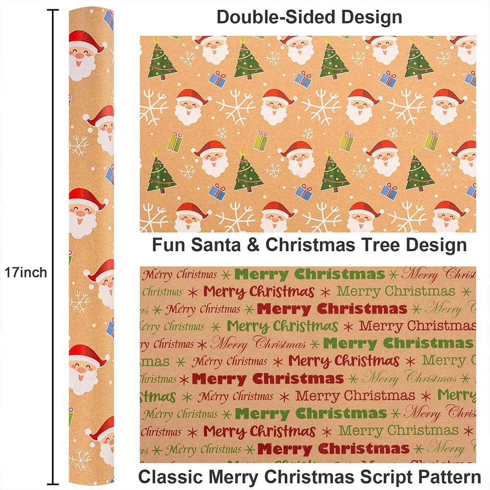 1 Roll Wrapping paper 17inch x 32.8Feet,Reversible gift wrap, Christmas Letter Santa Claus double sided design,Xmas Gift wrap