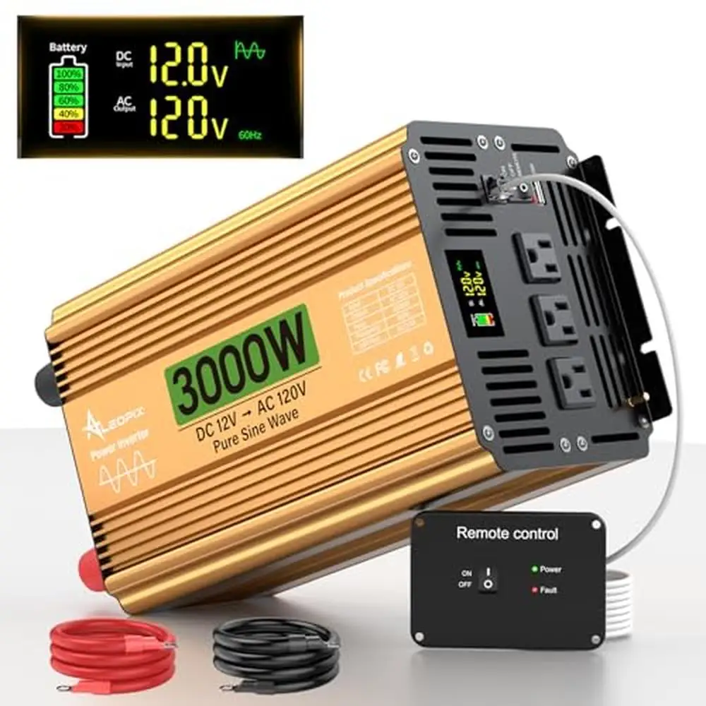 3000W Pure Sine Wave Inverter DC 12V to 110V/120V AC with Remote LED Display 3 AC Outlets 3.4A Peak Power RV Truck Trailer Use