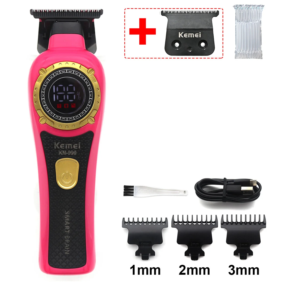 Kemei KM-999 Haarschneider für Männer, DLC T-Blade Zero Gapped LED-Anzeige, kabellose USB-Profi-Haarschneidemaschine, Finishing-Maschine