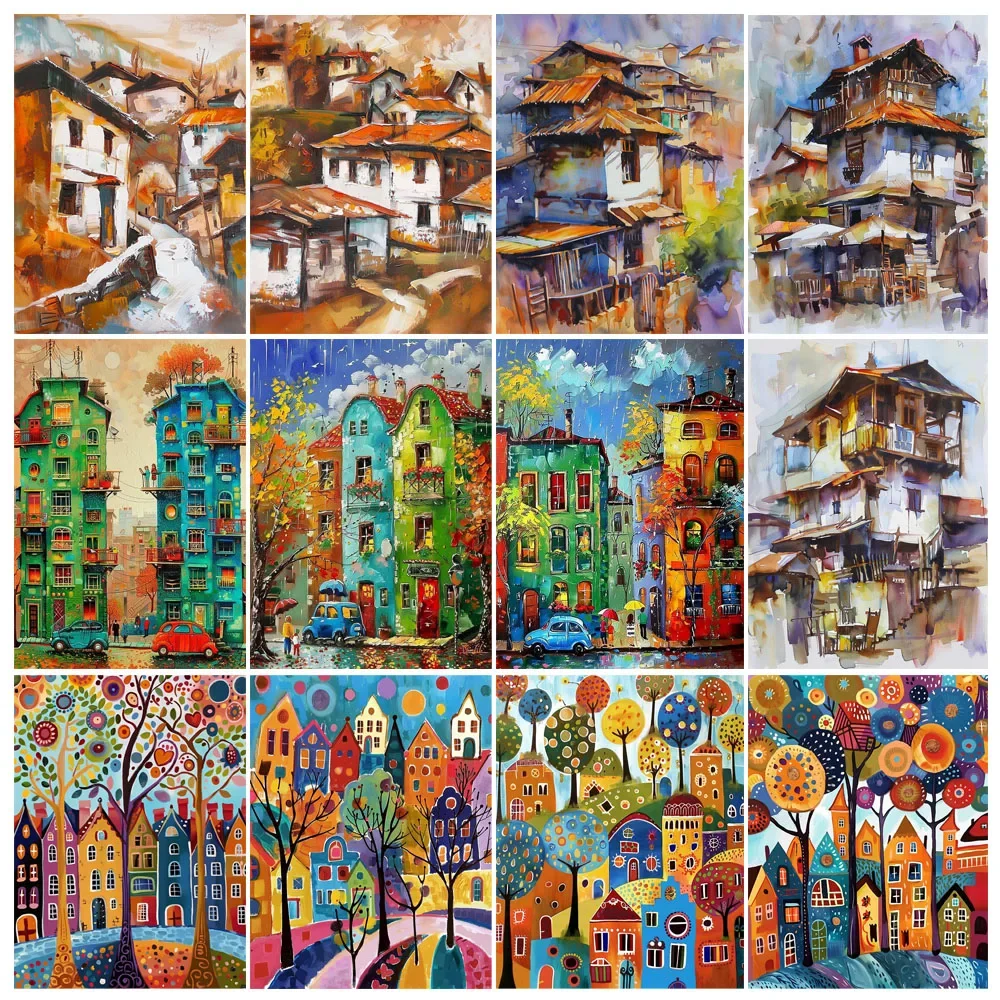 

Hand Painting Cartoon House Building Color Landscape Painting By Numbers Kit DIY Artwork Canva Art GiftHome Decoration Gift