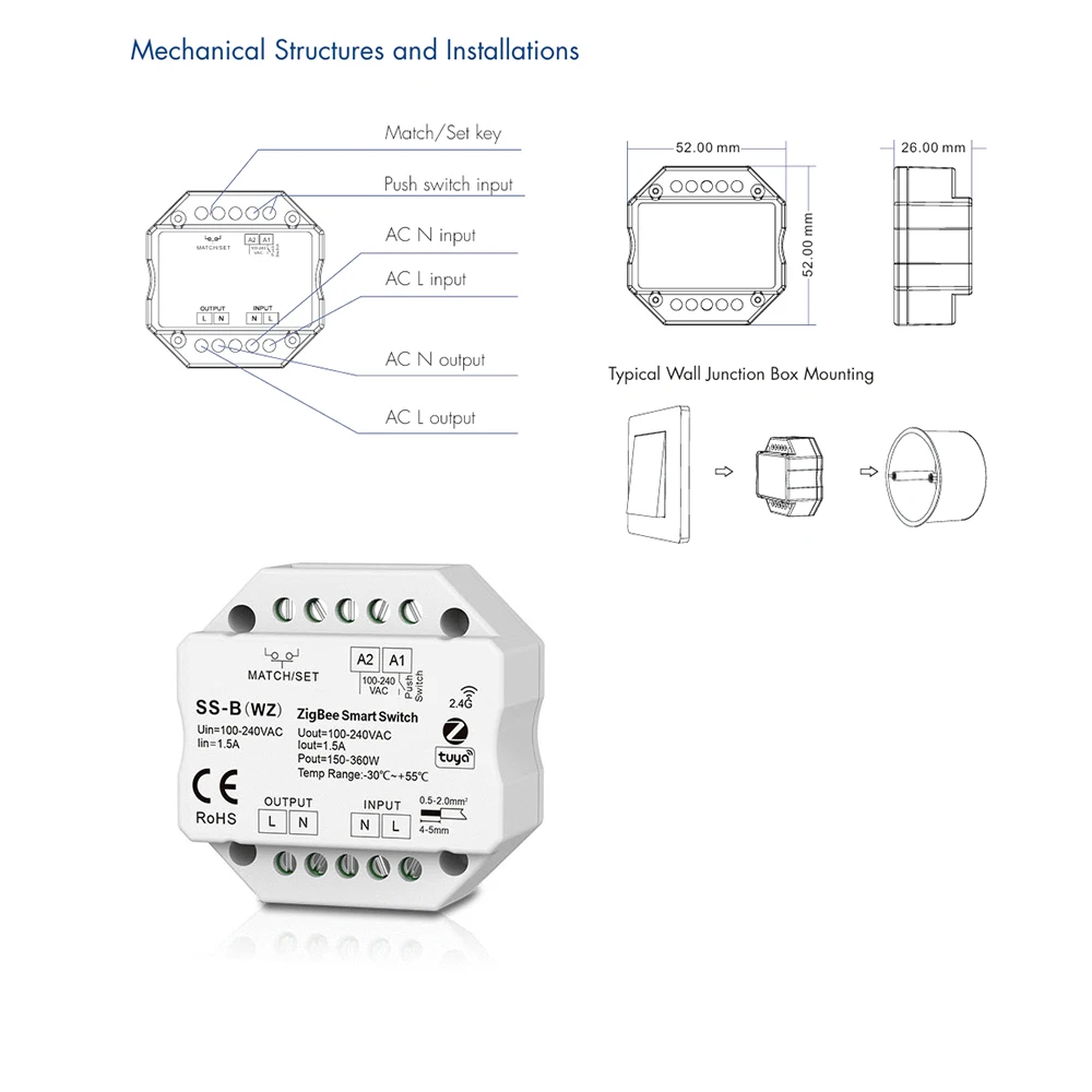 Skydance SS-B(WZ) AC110-220V Smart ZigBee Tuya APP+RF+Push Switch Wireless Remote Control Triac Dim for Non-Dimmable LED light