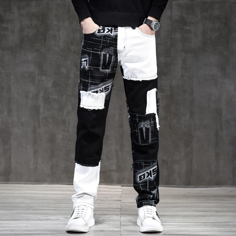 Jeans de costura estampados em preto e branco contrastantes para homens, slim fit, pequeno, personalidade reta, novo, 2022