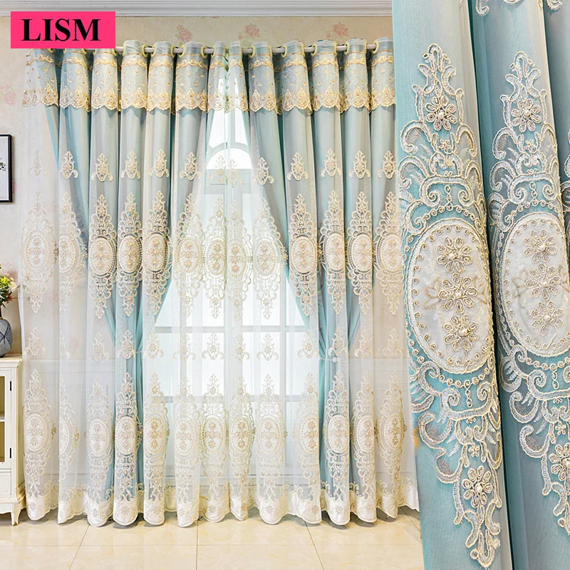 

Embossed Double Layer Embroidered Blackout Curtains for Living Room Luxury Set 3D Floral Pearl Lace Curtain Tulle Bedroom Custom