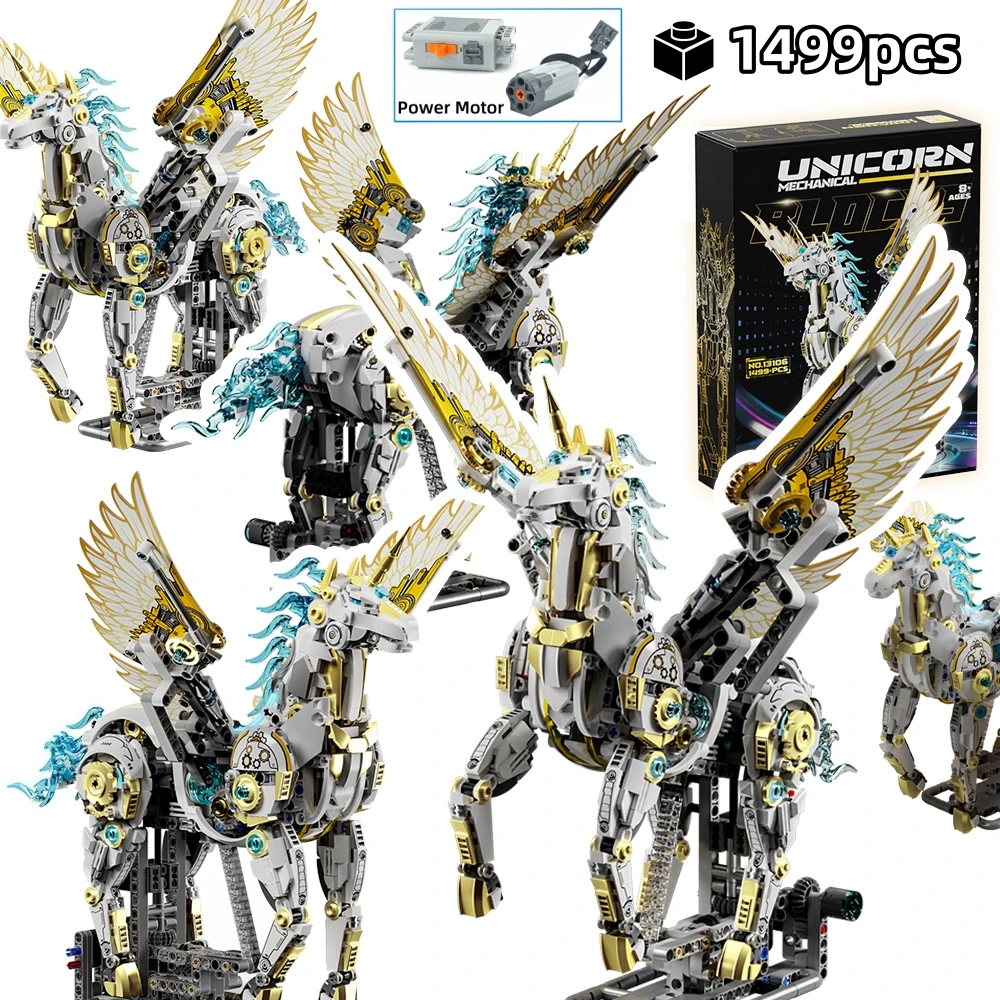 

Creative Unicorn Pegasus Building Blocks 1499pcs Technical Mechanical Animal Linkage Model Light STEM Bricks Desktop Decor Gift