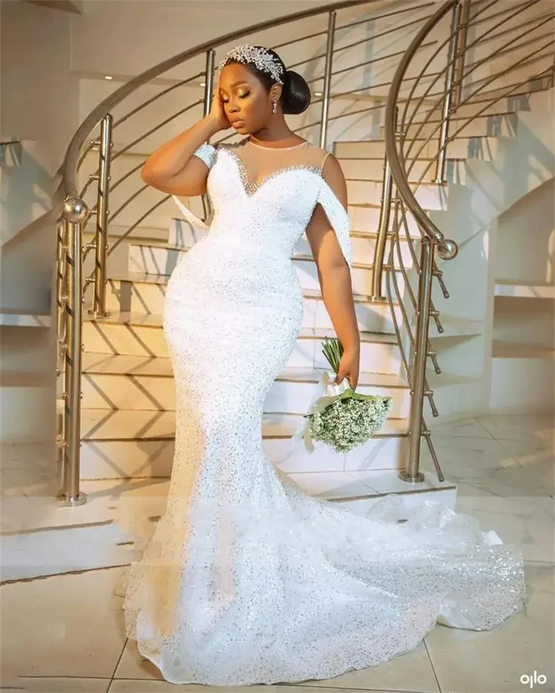 Maßgeschneiderte wundervolle Glitzer Meerjungfrau afrikanische Brautkleider Robe De Mariee voller glänzender Perlen Kristalle Brautkleid