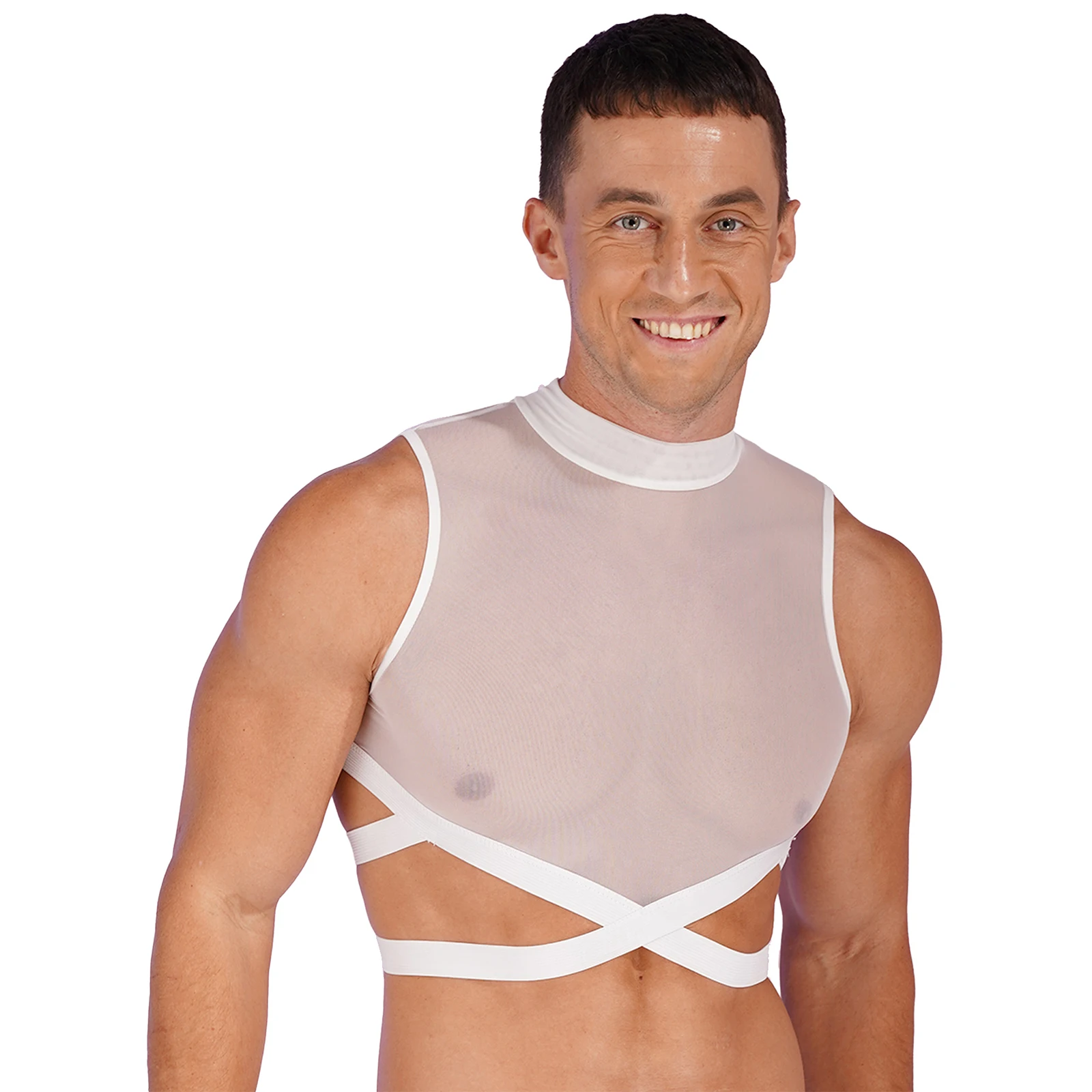 Herren Nachtclub schiere Mesh Muskel Crop Tops Reiß verschluss zurück elastische Riemchen Criss Cross Weste Tops ärmelloses Rave Festival Kostüm