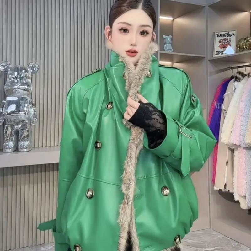 New Designer's High-end Custom-made Protein Leather Thick Fur Collar Winter Season Exuding Fashion High-end Motorcycle Fur Style