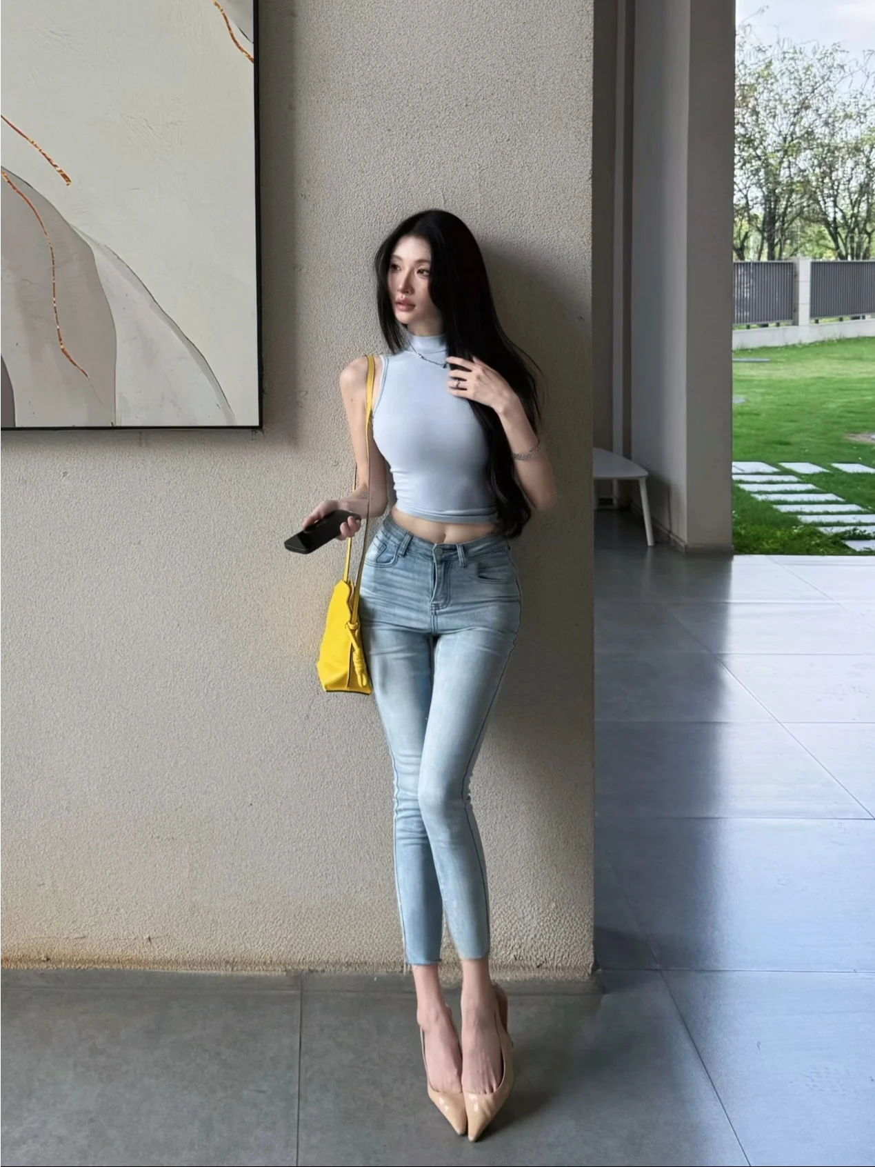 

Slim Fit High Waist Blue Denim Jeans Elastic Casual High Waist Nine Points Pants Women's Fashionable Body Shaping Pencil Skirt