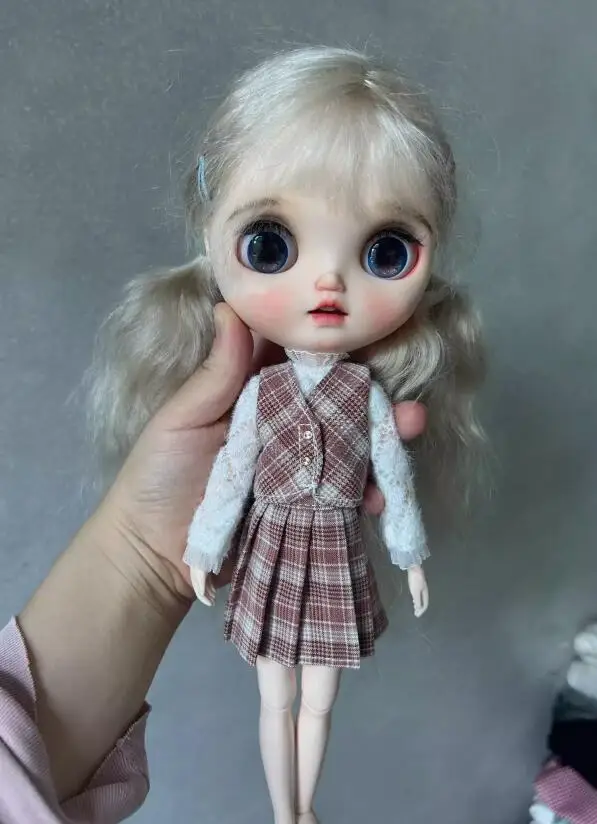 3pcs Academic style clothes blythe doll outfit Checkered vest/ skirt/ Knitted top 1/6 30cm(Fit for Pullip,Ob22/24/26, Licca)