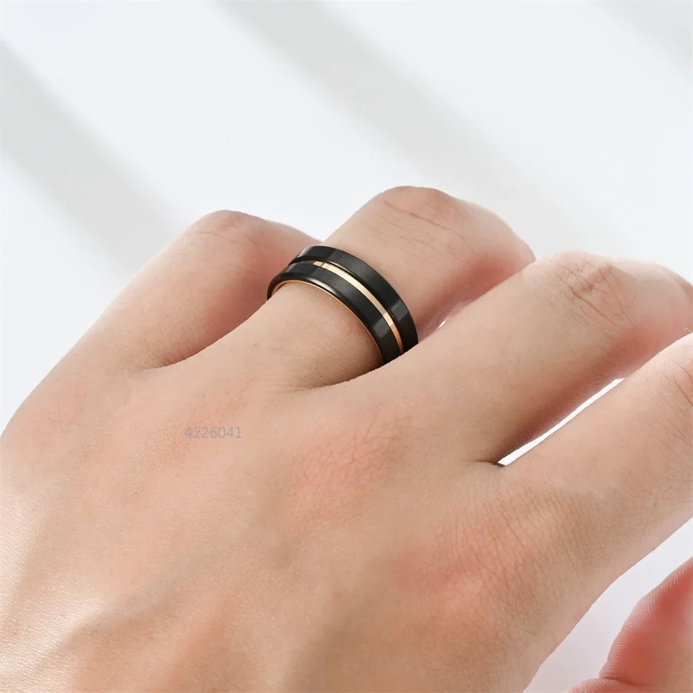 8MM Black Titanium Ring for Men Boys Simple Stainless steel Rings Trendy Double-color Groove Rings Jewelry Accessories Gifts