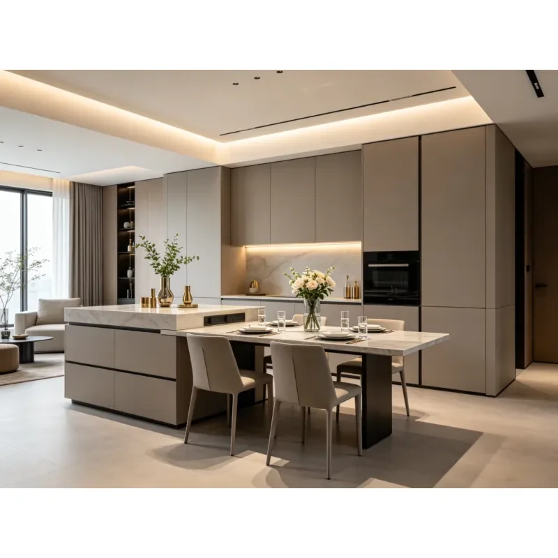 Modern Integrated Kitchen Island Dining Table Combo with Calacatta White Sintered Stone Countertop and Concealed Storage