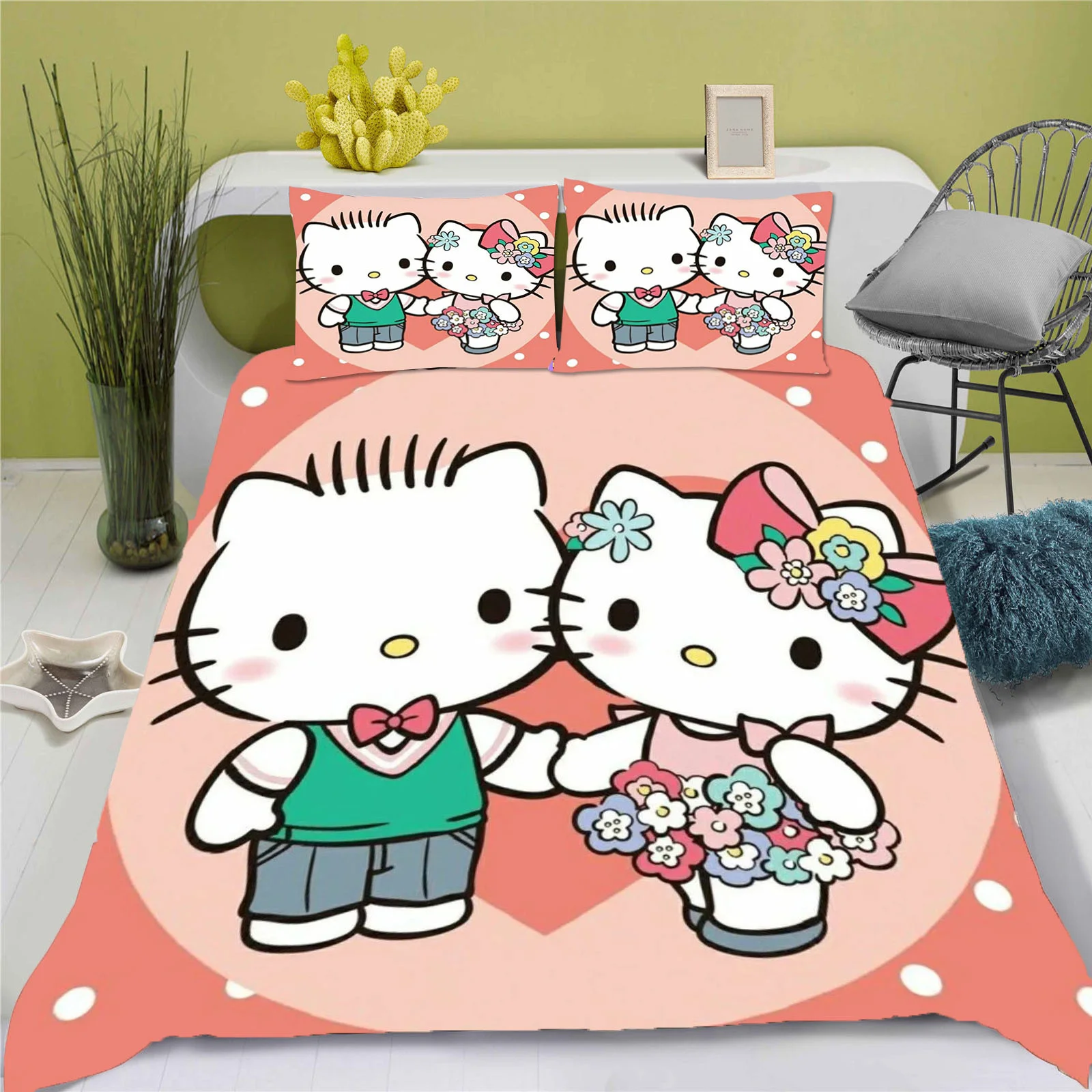 Hello Kitty Quilt Cover Sanrio Pink Cute New Design 3D Print Teenager Bedroom Bedding 100% Polyester Decor Soft Comfortable Set