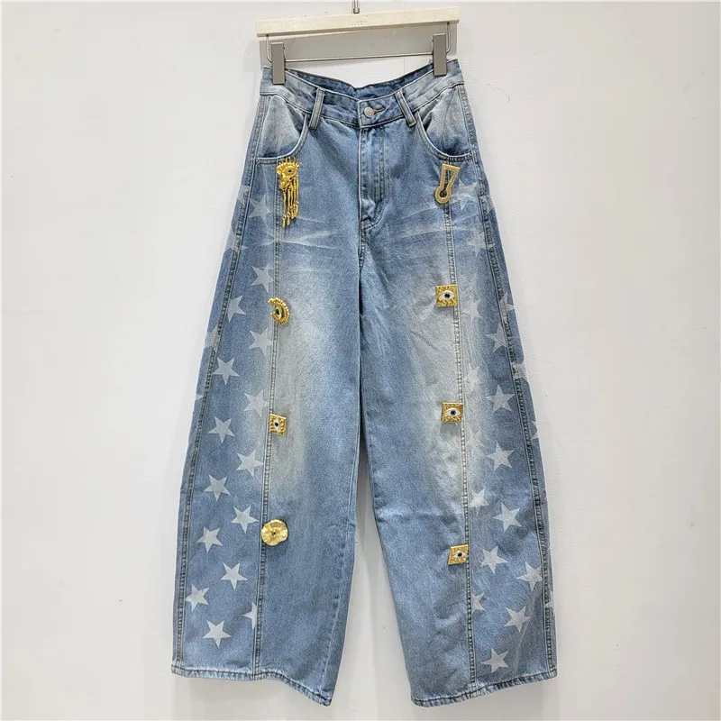 

Джинсы Sense of Design Printing Star Scimitar, американские ретро-кэжуал брюки свободного кроя с широкими штанинами для женщин