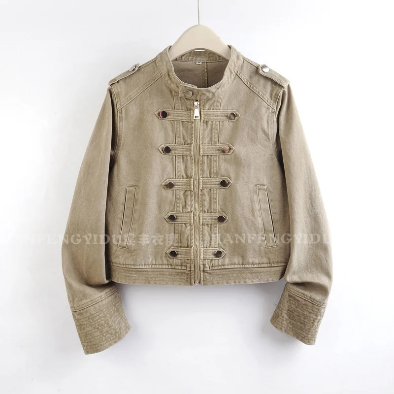 Autumn Vintage Multi-Breasted Decoration Zipper Short Denim Jacket Stand Collar Long Sleeve Women Jeans Jacket Coat Streetwear