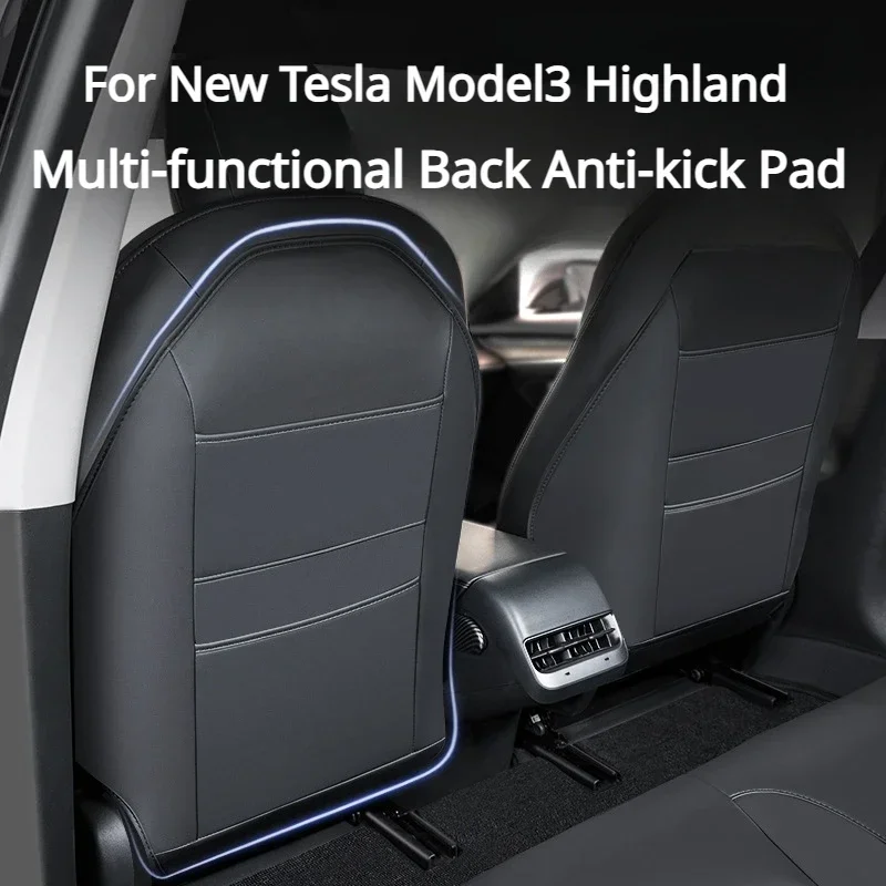 For Tesla Model 3/Y/3 Highland 2024 Waterproof Scratch proof PU Leather Seat Back Kick Protectors Backseat Mats Organizer Pocket