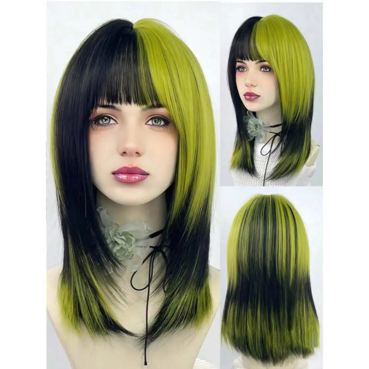 Women Cosplay Props Straight Green Black Layered Mix Wig For Daily Party