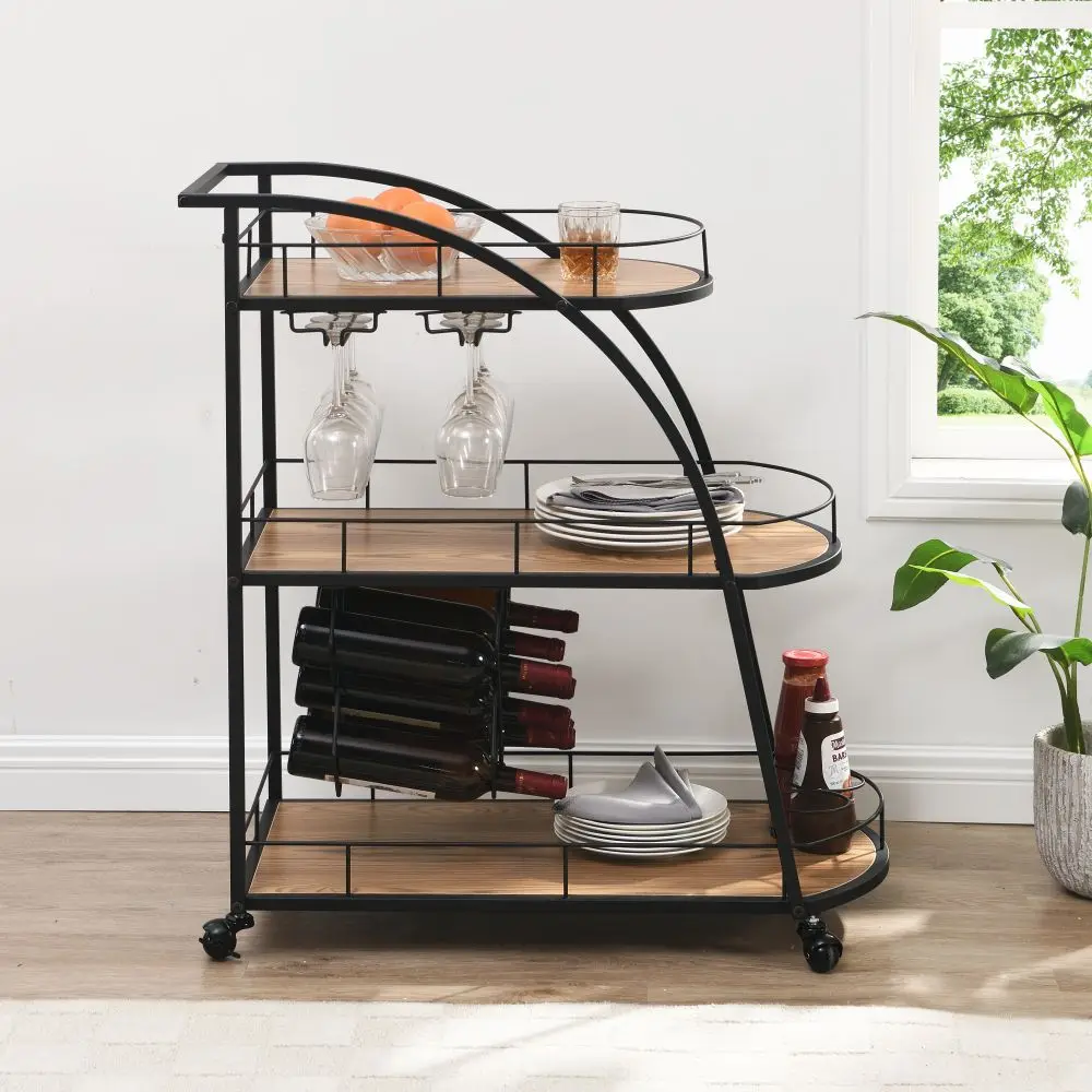 Mobile Bar Cart Serving Wine Cart with Wheels, 3-tier Metal Frame Elegant Wine Storage for Kitchen, Party and Dining Room