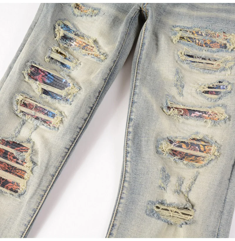 Herren-Jeans mit Riss-Patchwork, Streetwear, Skinny Tapered Hosen, Vintage Stretch-Denim, zerrissene, abgenutzte Hosen – Detail 8