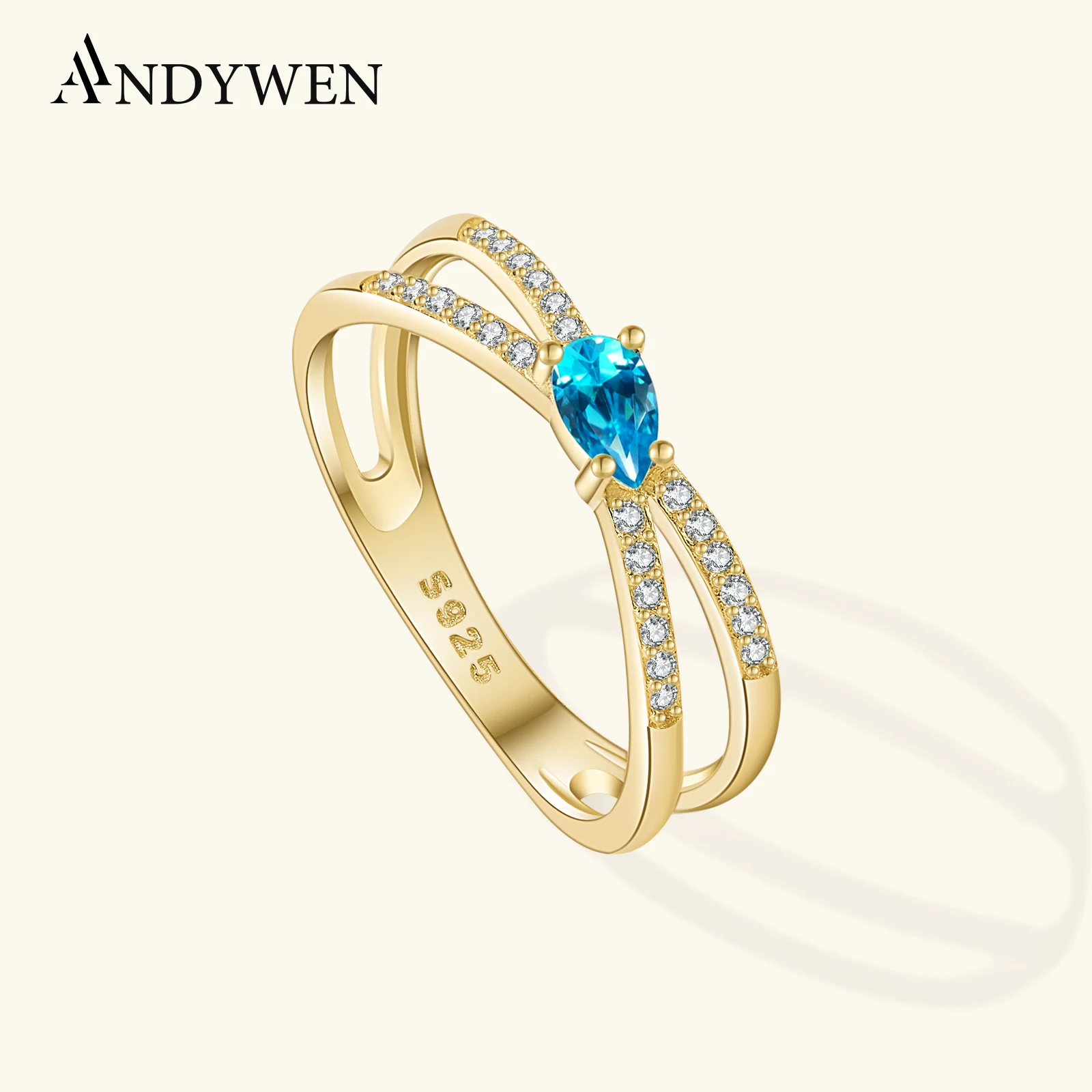 

ANDYWEN 925 Sterling Silver Two Line Water Drop Blue Zircon CZ Ring 2025 Luxury Dainty Party Wedding Jewelry Gift for Women