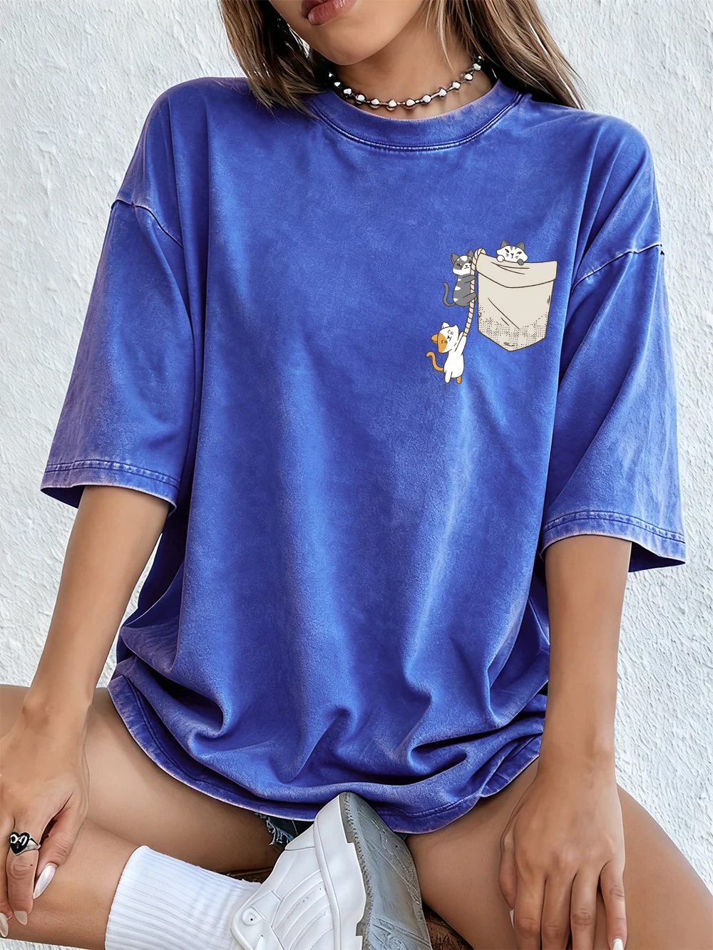 

Three Cats Climbing Up The Rope Cotton Washed T-Shirts Womens Summer Oversized Tops O-Neck Distressed Comfortable Streetwear