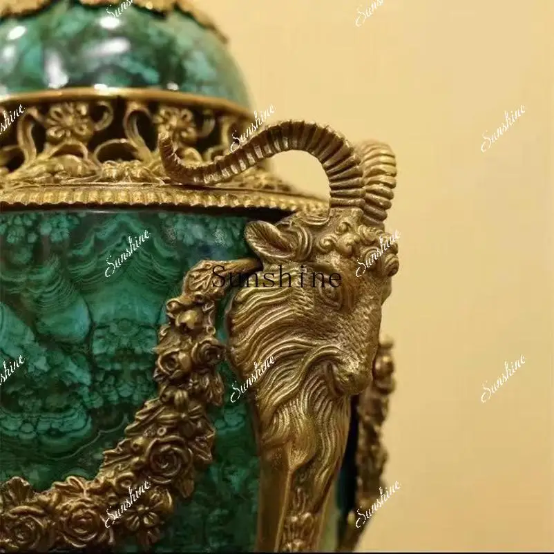 Italian retro ram decorative cover altar greenstone pattern brass ceramic ornament  FT